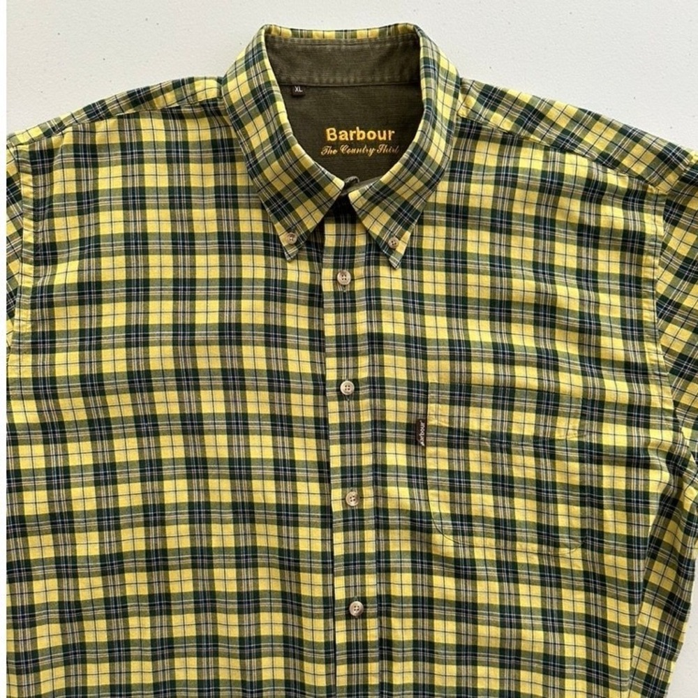 Barbour Country Shirt Mens XL Yellow Tartan Plaid Corduroy Cuffs Flannel